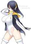  arm_up bangs black_hair blush bosshi breasts brown_eyes character_name cleavage closed_mouth commentary_request covered_navel emperor_penguin_(kemono_friends) hair_over_one_eye hand_in_hair headphones highlights highres hood hoodie impossible_clothes kemono_friends large_breasts leotard long_hair looking_at_viewer multicolored_hair open_clothes open_hoodie simple_background smile solo thighhighs thighs turtleneck white_background white_legwear white_leotard 