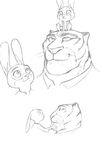  2017 akiric anthro black_and_white clothed clothing cub disney eye_contact fan_character feline female lagomorph male mammal monochrome on_head rabbit romantic_couple simple_background size_difference smile tiger white_background young zootopia 