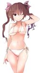  ;) alternate_costume arm_at_side armpits bangs bare_arms bare_shoulders bikini blush breasts brown_eyes brown_hair cleavage collarbone covered_nipples cowboy_shot eyebrows hair_ribbon hand_in_hair hat himekaidou_hatate kamukamu_(ars) long_hair looking_up medium_breasts navel one_eye_closed pointy_ears purple_hat purple_ribbon ribbon shiny shiny_skin side-tie_bikini sideboob simple_background skindentation smile solo standing stomach swimsuit thigh_gap thighs touhou twintails underboob white_background white_bikini white_ribbon 