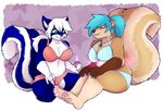  2017 4_toes 5_fingers anthro barefoot big_tail biped black_nose blue_bottomwear blue_bra blue_claws blue_clothing blue_eyes blue_fur blue_hair blue_panties blue_tail blue_topwear blue_underwear bra breasts brown_fur brown_nose brown_pawpads brown_tail claws cleavage clothed clothing colored_nails digital_media_(artwork) duo female fur gloves_(marking) green_eyes hair holding_object humanoid_hands jewelry kneeling long_tail mammal markings multicolored_fur multicolored_tail necklace nut-case panties pattern_background pawpads pink_bottomwear pink_bra pink_clothing pink_panties pink_topwear pink_underwear ponytail purple_claws rodent signature simple_background sitting skunk smile snout squirrel taki tan_fur tan_tail toe_claws toes two_tone_fur two_tone_tail underwear white_fur white_hair white_tail 
