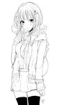  bad_id bad_pixiv_id blush cowboy_shot danganronpa flipped_hair greyscale hair_ornament hairclip hood hoodie looking_at_viewer monochrome nanami_chiaki ribbon school_uniform signature simple_background sketch skirt smile solo super_danganronpa_2 thighhighs white_background yokoyari_mengo 