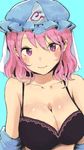  :3 absurdres bad_id bad_pixiv_id bare_shoulders black_bra blush bra breasts cleavage collarbone hat highres honi lace lace-trimmed_bra large_breasts mob_cap off_shoulder pink_eyes pink_hair saigyouji_yuyuko solo touhou underwear veil 