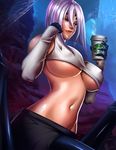  1girl breasts claws coffee coffee_cup insect_girl large_breasts monster_girl monster_musume_no_iru_nichijou purple_hair rachnera_arachnera red_eyes short_hair solo spider_girl starbucks underboob 