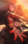  alternate_hairstyle arm_at_side bandage_over_one_eye bandages between_breasts black_legwear black_skirt blood blood_stain blurry breasts buttons cloud cloudy_sky cowboy_shot depth_of_field fate/grand_order fate_(series) floating_hair florence_nightingale_(fate/grand_order) from_below from_side gloves glowing glowing_eyes hair_down jacket_on_shoulders light_particles long_hair long_sleeves looking_away looking_to_the_side medium_breasts miniskirt one_eye_covered open_hand outdoors palms pantyhose parted_lips pink_eyes pink_hair pleated_skirt putting_on_gloves red_eyes sash sideways_glance skirt sky solo spread_fingers tef very_long_hair white_gloves 