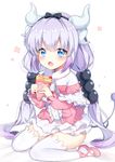  bangs beads black_hairband blue_eyes blush bow capelet crepe dragon_girl dragon_horns dragon_tail dress eyebrows_visible_through_hair fang food food_wrapper full_body gradient_hair hair_beads hair_bow hair_ornament hairband highres holding holding_food horns kanna_kamui kobayashi-san_chi_no_maidragon long_hair long_sleeves looking_at_viewer multicolored_hair open_mouth pingo pink_footwear shiny shiny_skin shoes short_dress silver_hair simple_background sitting solo tail thighhighs tied_hair twintails wariza white_background white_legwear 