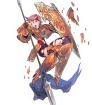  armor armored_boots boots fire_emblem fire_emblem:_fuuin_no_tsurugi fire_emblem_heroes full_body gloves headband highres injury masao_tsubasa official_art one_eye_closed open_mouth orange_eyes pink_hair polearm shield solo spear teeth torn_clothes transparent_background weapon wendy_(fire_emblem) 