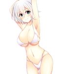  armpits arms_up ass_visible_through_thighs bad_id bad_pixiv_id bikini blush breasts cleavage cowboy_shot green_eyes highres large_breasts looking_at_viewer navel original sakakidani shiny shiny_skin short_hair skindentation smile solo swimsuit thigh_gap white_background white_bikini white_hair 