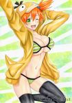  ;d arms_up artist_name bikini bikini_under_clothes black_legwear breasts cowboy_shot eyebrows_visible_through_hair gen_1_pokemon green_eyes hand_on_own_head highres hood hood_up kasumi_(pokemon) large_breasts long_sleeves marker_(medium) navel one_eye_closed open_clothes open_mouth orange_hair outstretched_arm pokemon pokemon_(anime) pokemon_(creature) psyduck side_ponytail smile solo stomach swimsuit takecha thighhighs traditional_media underboob 