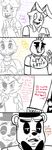  2015 animatronic anthro avian bear bib bird black_and_white blush bonnie_(fnaf) bow_tie buckteeth canine chica_(fnaf) chicken comic dialogue english_text eye_patch eyewear female five_nights_at_freddy&#039;s fox foxy_(fnaf) freddy_(fnaf) group hat hook_hand inkyfrog lagomorph looking_at_viewer machine male mammal monochrome open_mouth open_smile rabbit restricted_palette robot simple_background smile teeth text top_hat video_games white_background 
