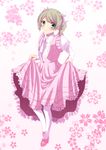  1girl blush dress elize_lutus flower frills green_eyes green_hair long_hair pantyhose pink_dress ribbon shoes smile tales_of_(series) tales_of_xillia twintails 