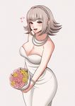  1girl :d blunt_bangs bouquet bracelet breasts cleavage danganronpa dress earrings flower grey_hair headband heart holding holding_bouquet jewelry looking_at_viewer nanami_chiaki necklace open_mouth pearl_bracelet pearl_necklace pink_eyes simple_background smile solo white_dress 