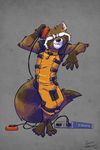  anthro biting_lip dancing eyes_closed full-length_portrait guardians_of_the_galaxy male mammal marvel pencil_(artwork) portrait raccoon rocket_raccoon scott_fabianek signature solo traditional_media_(artwork) walkman 