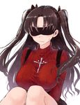  adapted_costume bangs black_hair black_skirt blindfold breasts closed_mouth covered_eyes cross eyebrows_visible_through_hair eyelashes facing_viewer fate/stay_night fate_(series) frown hair_ribbon highres knees_up large_breasts long_hair long_sleeves looking_away looking_to_the_side parted_bangs pout red_sweater ribbed_sweater ribbon rucchiifu sideways_glance simple_background sitting skirt sleep_mask solo suspender_skirt suspenders sweatdrop sweater toosaka_rin two_side_up white_background 
