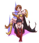  2girls all_fours amagi_yukiko atlus bare_shoulders bikini black_hair blush boots breasts brown_hair cape cleavage corruption elbow_gloves evil_smile gloves glowing glowing_eyes hairband high_heel_boots high_heels large_breasts leebigtree long_hair looking_at_viewer megami_tensei multiple_girls open_mouth orange_eyes persona persona_4 satonaka_chie shadow_(persona) shin_megami_tensei shiny shiny_clothes shiny_hair shiny_skin short_hair simple_background smile tongue tongue_out whip white_background 