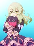  1girl blue_background dress elize_lutus frills green_eyes green_hair long_hair necklace ribbon smile tales_of_(series) tales_of_xillia teepo_(tales) 