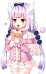  bad_id bad_pixiv_id bangs beads black_hairband blue_eyes blunt_bangs blush capelet crepe dragon_girl dragon_horns dragon_tail dress food hair_beads hair_ornament hairband highres holding holding_food horns kanna_kamui kobayashi-san_chi_no_maidragon lavender_hair long_hair mellozzo open_mouth short_dress solo standing tail thick_thighs thighhighs thighs tied_hair twintails white_legwear wide_hips zettai_ryouiki 