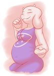  belly big_belly big_breasts blush boss_monster breasts caprine cleavage clothed clothing eating eyes_closed female food fur goat long_ears mammal mature_female monster navel pancak3 solo stuffing toriel undertale video_games weight_gain white_fur 