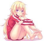  ass barefoot blonde_hair eyebrows_visible_through_hair fast-runner-2024 full_body gabriel_dropout hair_between_eyes head_tilt highres jacket long_hair long_sleeves looking_at_viewer open_mouth purple_eyes red_jacket simple_background sitting sketch solo striped_jacket tenma_gabriel_white track_jacket very_long_hair white_background 