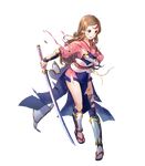  brown_eyes brown_hair fire_emblem fire_emblem_heroes fire_emblem_if fuji_choko full_body headband highres injury katana kazahana_(fire_emblem_if) long_hair official_art open_mouth sandals solo sword torn_clothes transparent_background weapon 