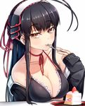  antenna_hair bangs bikini bikini_under_clothes black_bikini black_hair black_jacket blush breasts cake choker cleavage eating eyebrows_visible_through_hair eyelashes food fork frilled_bikini frills fruit hairband halter_top halterneck hawe_king jacket jitome large_breasts long_hair looking_at_viewer mouth_hold off_shoulder open_clothes open_jacket original plate pov_across_table red_eyes sidelocks simple_background sleeves_past_wrists slice_of_cake solo strawberry string_bikini swimsuit table upper_body white_background 