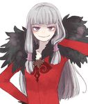  1girl agria_(tales) blush dress flat_chest freckles grey_hair grin hair_ornament long_hair open_mouth purple_eyes tales_of_(series) tales_of_xillia 