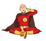  anpanman anpanman_(character) anpanman_(character)_(cosplay) bald belt cape cosplay gloves indian_style look-alike looking_to_the_side male_focus namesake oimo_(14sainobba) one-punch_man saitama_(one-punch_man) simple_background sitting solo white_background yellow_gloves 