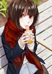  absurdres beige_sweater bench black_legwear blue_skirt blush bottle brown_eyes day from_above head_tilt highres holding holding_bottle long_hair looking_at_viewer original outdoors pantyhose plant red_scarf reimaco scarf sitting sketch skirt sleeves_past_wrists solo sweater 