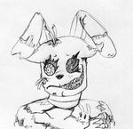  2015 animatronic anthro black_and_white dialogue duo english_text exposed_endoskeleton five_nights_at_freddy&#039;s five_nights_at_freddy&#039;s_4 inkyfrog lagomorph machine male mammal monochrome nightmare_bonnie_(fnaf) rabbit restricted_palette robot sharp_teeth simple_background solo_focus teeth text traditional_media_(artwork) video_games white_background 