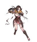  breasts brown_eyes brown_hair cleavage dagger fire_emblem fire_emblem_heroes fire_emblem_if full_body greaves hair_over_one_eye highres injury kagerou_(fire_emblem_if) lack large_breasts long_hair no_socks official_art ponytail sandals scar scarf solo teeth torn_clothes transparent_background weapon 