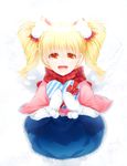  angel angel_wings bangs blonde_hair blue_dress box capelet dress feathered_wings frilled_capelet frills gift gift_box hair_ornament highres looking_at_viewer medium_hair mittens open_mouth poet_(pop'n_music) pom_pom_(clothes) pop'n_music red_eyes simple_background siyusiyu13 solo standing tied_hair twintails white_background white_legwear white_mittens white_wings wings 
