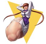  bad_id bad_pixiv_id boots breasts brown_hair cleavage cleavage_cutout cropped_jacket earrings hair_over_eyes jewelry knee_up leotard lipstick long_hair makeup miniskirt shermie shinonome_(game_hakkutsu_tai) skirt solo the_king_of_fighters twintails 