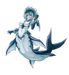  absurdres bare_shoulders black_gloves black_sclera breasts collar elbow_gloves fins full_body gills gloves green_hair grin head_fins highres holding large_breasts long_hair looking_at_viewer mermaid mershark_(monster_girl_encyclopedia) monster_girl monster_girl_encyclopedia navel non-web_source shark_girl sharp_teeth simple_background smile solo spiked_hair sud_(sudea) teeth webbed_hands white_background yellow_eyes 