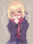  ahoge artoria_pendragon_(all) bangs black-framed_eyewear black_coat blonde_hair blue_ribbon blush brown_background closed_mouth coat embarrassed eyebrows_visible_through_hair fate/grand_order fate_(series) glasses hair_ribbon hammer_(sunset_beach) highres long_sleeves looking_at_viewer mysterious_heroine_x_(alter) neckerchief nervous_smile nose_blush open_clothes open_coat plaid plaid_scarf red_neckwear red_scarf ribbon scarf school_uniform semi-rimless_eyewear serafuku shiny shiny_hair short_hair simple_background smile solo sweatdrop translated under-rim_eyewear upper_body 