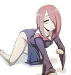  :&lt; all_fours ass bare_legs barefoot brown_hair dress hair_over_one_eye little_witch_academia long_hair looking_at_viewer no_panties pale_skin pelvic_curtain pocari_sweat_(artist) red_eyes solo sucy_manbavaran wide_sleeves 