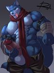  1boy bara bengaro blue_fur dragon_ball dragon_ball_super furry handwrap male_focus masturbation muscle penis reclamon scarf tongue tongue_out wolf 