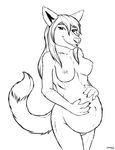  2016 belly black_and_white breasts canine female fox hair happy holding_belly juindalo long_hair looking_at_viewer mammal monochrome nipples nude pregnant serene_silverback smile standing 