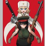  ankle_boots bangs belt black_gloves black_hair black_skirt blonde_hair blue_eyes bolt_action boots brown_footwear carrying cross-laced_footwear fang fur_hat girls_und_panzer gloves green_hat green_jacket gun hat holster jacket katyusha long_hair long_sleeves looking_at_viewer machine_gun military military_hat military_uniform miniskirt mosin-nagant multiple_girls nonna open_mouth peaked_cap pleated_skirt ppsh-41 red_background rifle sabaku_chitai short_hair shoulder_carry skirt smile submachine_gun swept_bangs trench_coat uniform ushanka weapon white_coat white_hat 