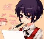  black_hair glasses hidamari_sketch hiro lowres maruino multiple_girls paper pen sae short_hair writing 