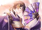  asa_no_ha_(pattern) black_gloves black_hair blue_eyes fan folding_fan furofuki_daikon gloves japanese_clothes kikumon male_focus mikazuki_munechika parted_lips petals sayagata solo touken_ranbu upper_body veil 