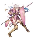  armor armored_boots boots broken_armor damaged elfi_(fire_emblem_if) fire_emblem fire_emblem_heroes fire_emblem_if full_body gloves green_eyes grey_hair haccan hair_bun highres injury official_art polearm shield solo spear teeth torn_clothes transparent_background weapon 