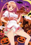 :d absurdres apron bat bow bow_panties breasts choker crescent_moon demon_tail eyebrows_visible_through_hair ghost halloween hand_on_hip headdress highres jack-o'-lantern koutaro long_hair looking_at_viewer maid_headdress medium_breasts moon open_mouth orange_hair original panties pink_ribbon pumpkin red_eyes red_ribbon ribbon ribbon_choker short_sleeves smile solo standing star tail twintails underwear white_panties 