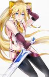  black_pants blazblue blazblue:_central_fiction blonde_hair blue_eyes bow cosplay crossdressing embarrassed fingerless_gloves gloves guilty_gear guilty_gear_xrd hair_between_eyes hair_bow halter_top halterneck itou_(t_oron) ky_kiske long_hair looking_at_viewer lowleg lowleg_pants mai_natsume mai_natsume_(cosplay) male_focus navel open_mouth pants ponytail revealing_clothes ribbon salute simple_background solo sweat sword weapon yellow_bow 