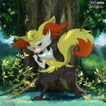  2017 anthro blush braixen cloud collaboration dipstick_tail eyelashes female fur inner_ear_fluff lillayfran looking_at_viewer looking_back multicolored_fur multicolored_tail nintendo open_mouth outside pok&eacute;mon pussy sky solo stepandy stick tree video_games 