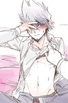  arms_up bare_chest blush boxers briefs collared_shirt danganronpa embarrassed facial_hair formal goatee hamadaichi hand_on_own_face highres image_sample looking_at_viewer male_focus male_underwear momota_kaito new_danganronpa_v3 open_pants pants pixiv_sample pov purple purple_eyes purple_hair purple_pants school_uniform shirt shirt_lift simple_background solo spiked_hair striped sweat sweatdrop underwear white_shirt 