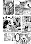  1girl baseball_cap bone bow comic emphasis_lines fangs gen_2_pokemon gold_(pokemon) greyscale hat highres kotone_(pokemon) low_twintails monochrome overalls pokemoa pokemon pokemon_(creature) pokemon_(game) pokemon_hgss scared shaded_face speed_lines tearing_up translated twintails tyranitar 