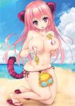  1girl animal_ears areola areola_slip areolae blush breast_hold breasts cat_ears cat_tail fangs female kneeling large_breasts long_hair looking_at_viewer navel open_mouth pasties pink_hair purple_eyes smile solo swimsuit tail topless toranoana undressing wet yoshiwo 