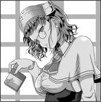  arm_at_side box breasts capelet commentary_request corset gift gift_box glasses greyscale head_tilt headdress holding holding_gift italian_flag kantai_collection large_breasts looking_at_viewer monochrome neckerchief pince-nez ribbon roma_(kantai_collection) shino_(ponjiyuusu) shirt solo wavy_hair wax_seal 