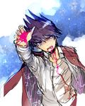  1boy arms_up blood blood_from_mouth blood_on_face blood_splatter blood_stain bloody_clothes bloody_hands crying crying_with_eyes_open danganronpa det_(kaedb) facial_hair formal goatee looking_at_viewer momota_kaito new_danganronpa_v3 open_mouth purple purple_eyes purple_hair sad_smile school_uniform short_hair simple_background solo spoilers tears 