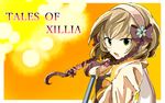  breasts brown_hair copyright_name green_eyes hairband jacket leia_rolando open_mouth ribbon short_hair tales_of_(series) tales_of_xillia yellow_background 