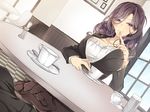  1girl breasts coffee_cup feet finger_to_mouth footjob large_breasts long_hair necklace pov pov_feet sheer_legwear sitting table toes under_table wavy_hair 